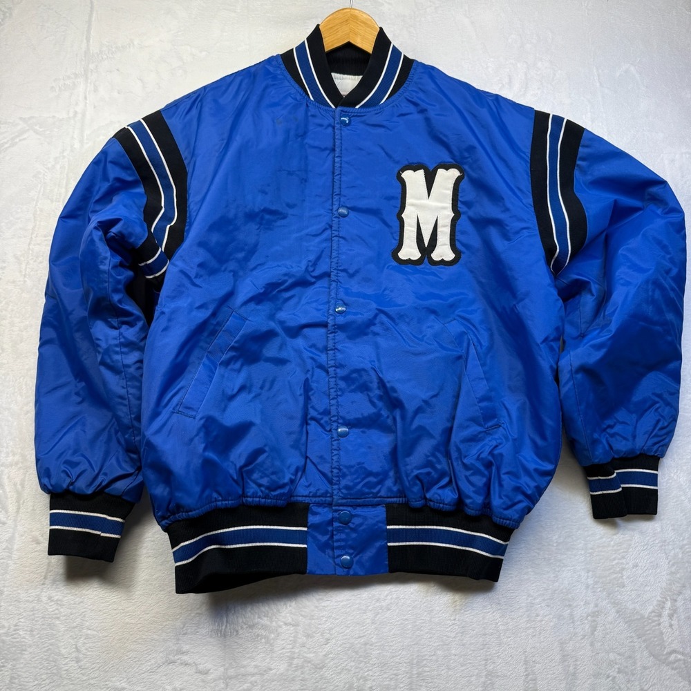 VTG Game Sportswear Royal Blue Bomber Satin Jacket Sz XL USA Made Stains See Pix